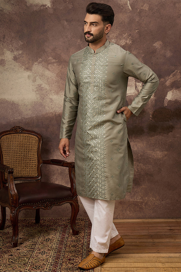 Green Silk Solid Embroidered Straight Kurta MKU1367