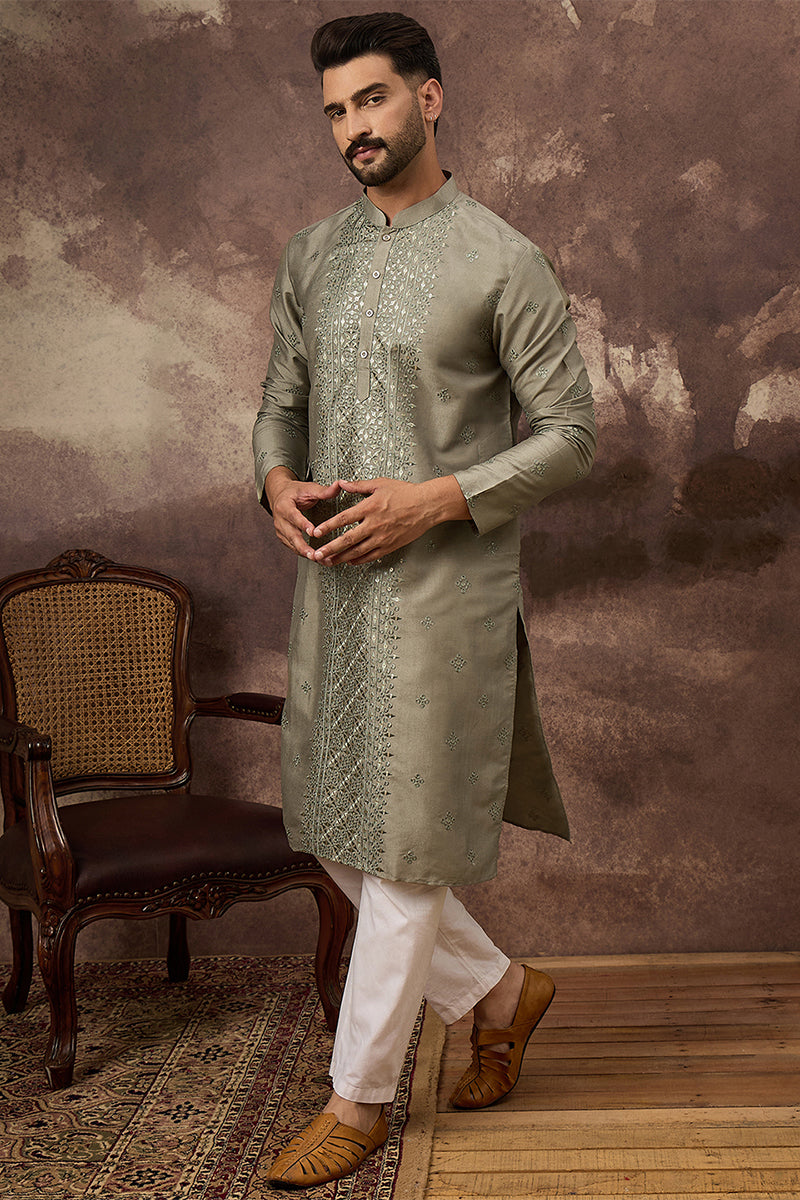 Green Silk Solid Embroidered Straight Kurta MKU1367