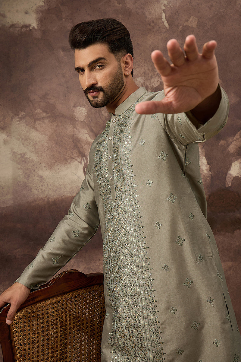 Green Silk Solid Embroidered Straight Kurta MKU1367