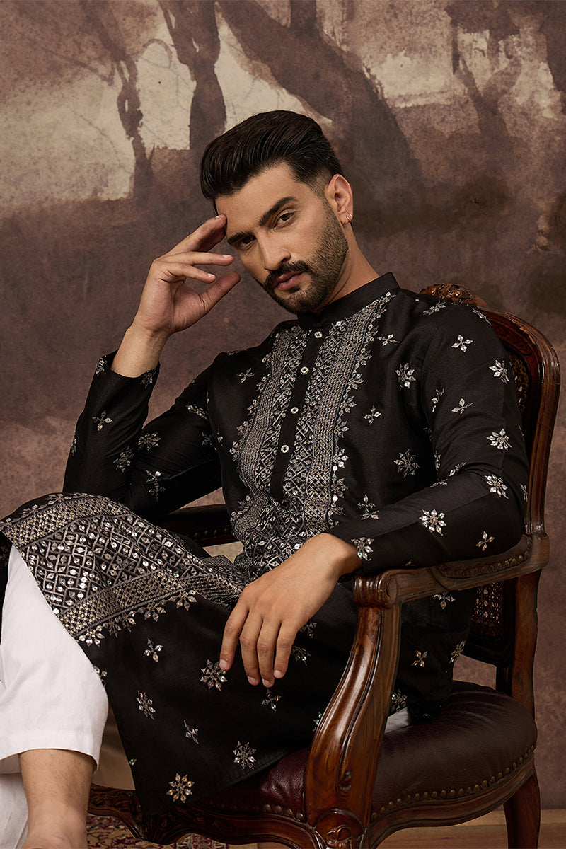 Black Silk Blend Solid Embroidered Straight Kurta With Pant Set MKSET1370
