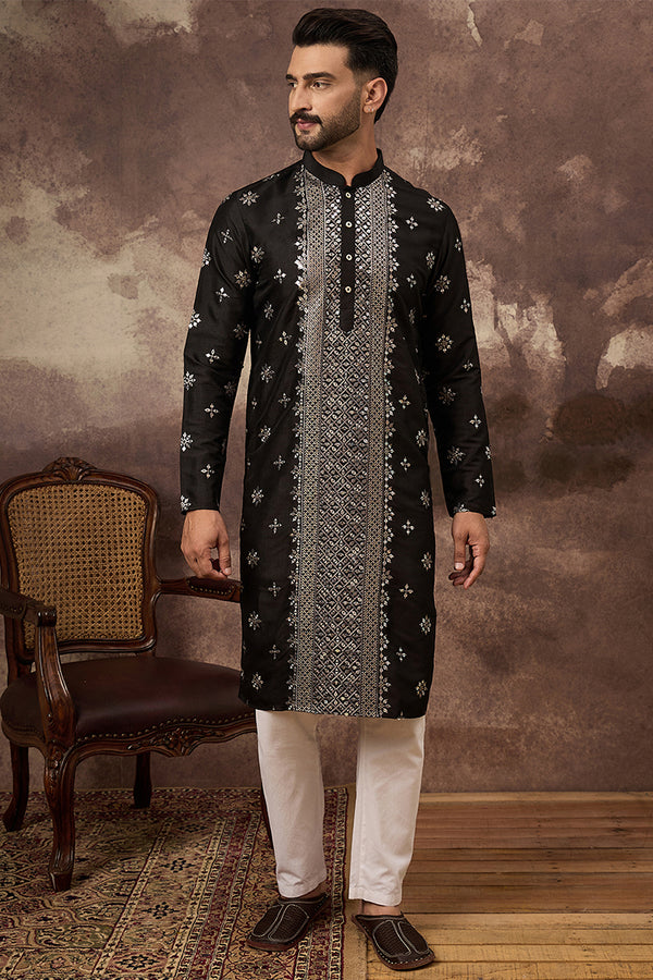 Black Silk Blend Solid Embroidered Straight Kurta With Pant Set MKSET1370
