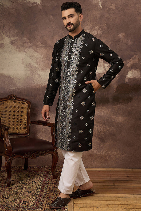 Black Silk Blend Solid Embroidered Straight Kurta With Pant Set MKSET1370