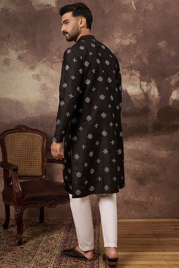 Black Silk Blend Solid Embroidered Straight Kurta With Pant Set MKSET1370