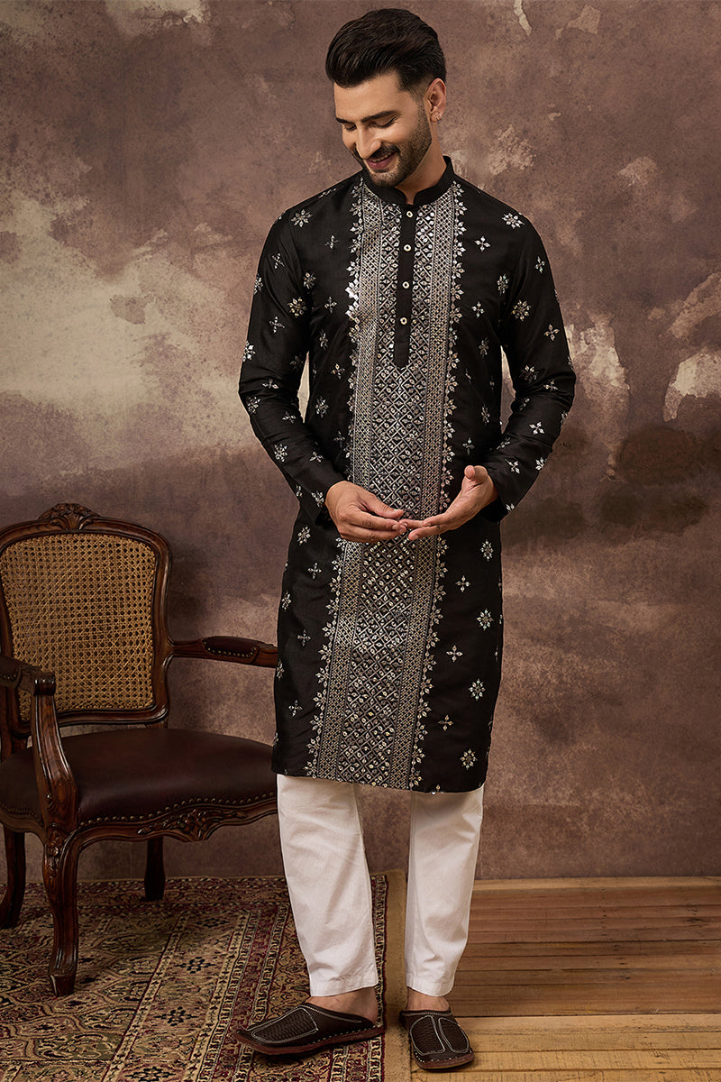 Black Silk Blend Solid Embroidered Straight Kurta With Pant Set MKSET1370