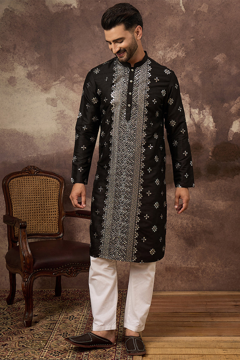 Black Silk Blend Solid Embroidered Straight Kurta With Pant Set MKSET1370