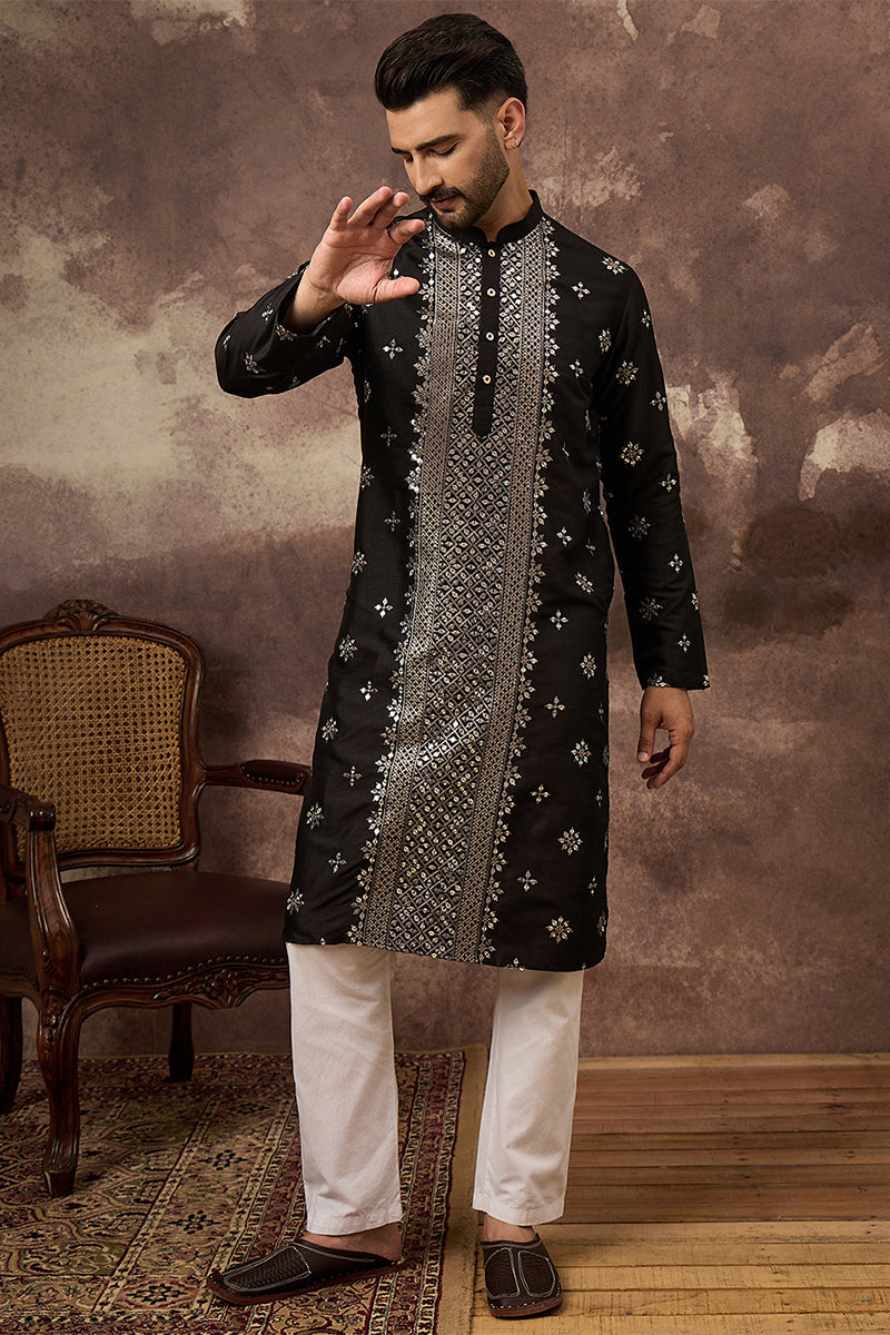 Black Silk Blend Solid Embroidered Straight Kurta With Pant Set MKSET1370