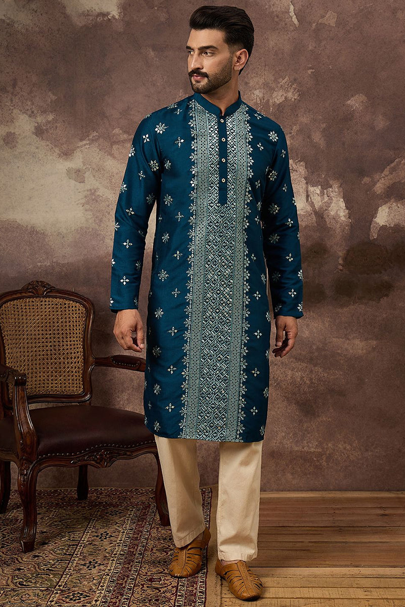 Blue Silk Blend Solid Embroidered Straight Kurta MKU1371