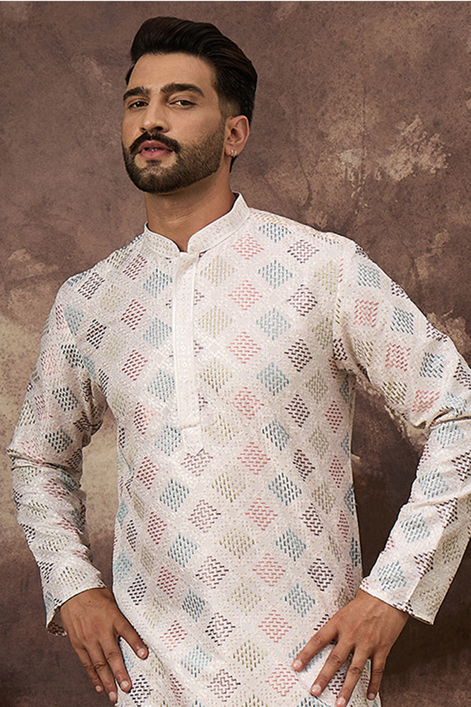 White Silk Blend Solid Embroidered Straight Kurta With Pant Set MKSET1382