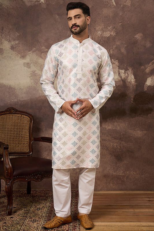 White Silk Blend Solid Embroidered Straight Kurta With Pant Set MKSET1382