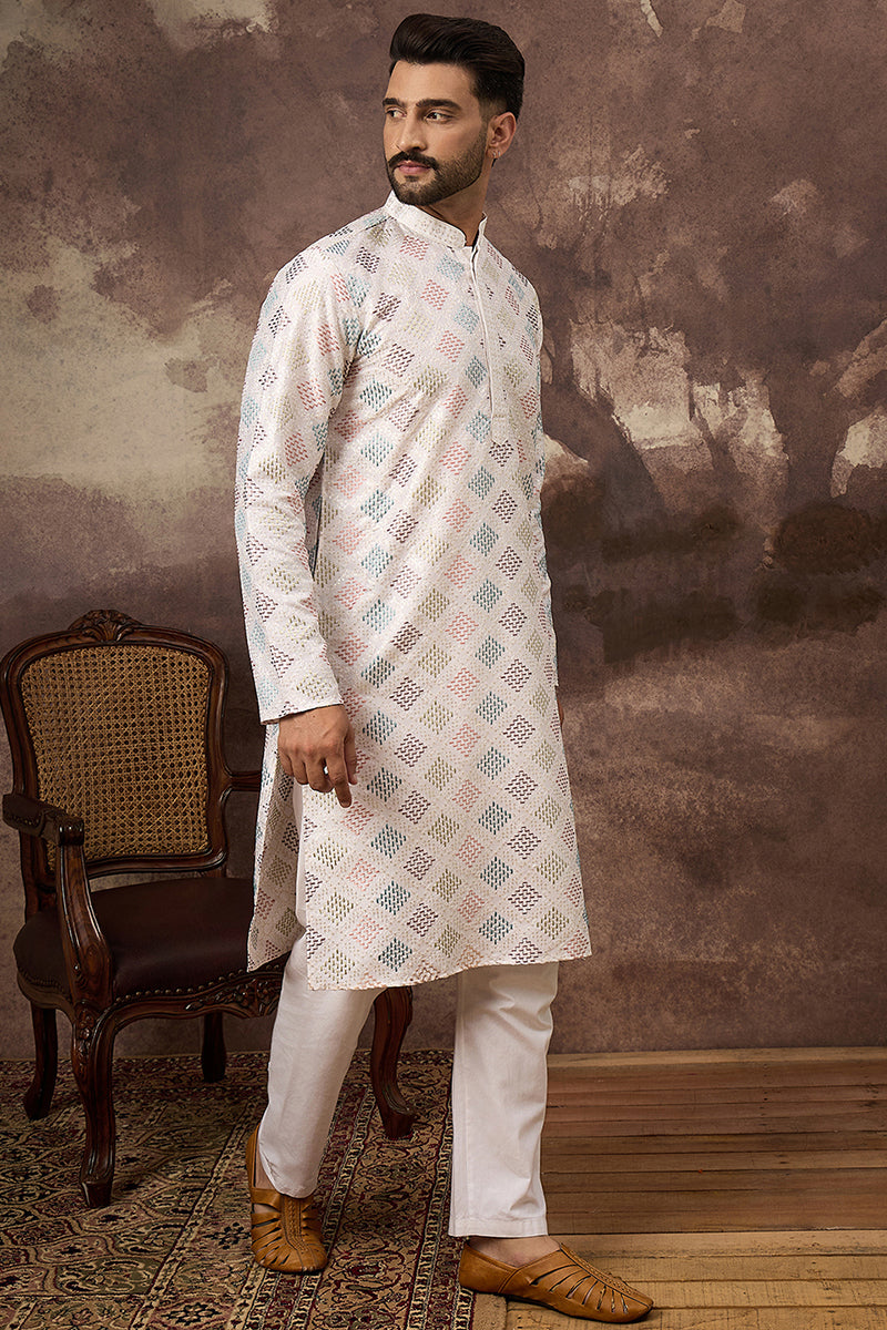 White Silk Blend Solid Embroidered Straight Kurta With Pant Set MKSET1382