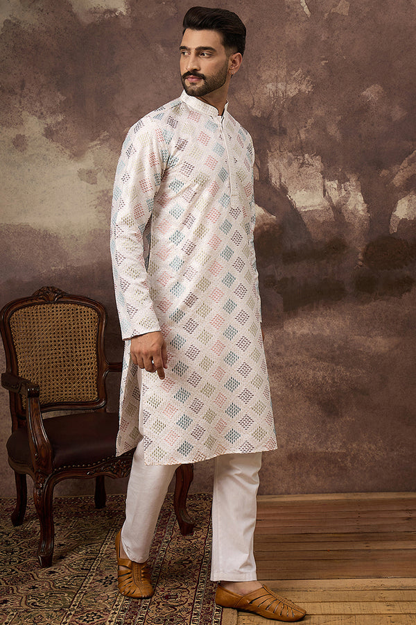 White Silk Blend Solid Embroidered Straight Kurta With Pant Set MKSET1382