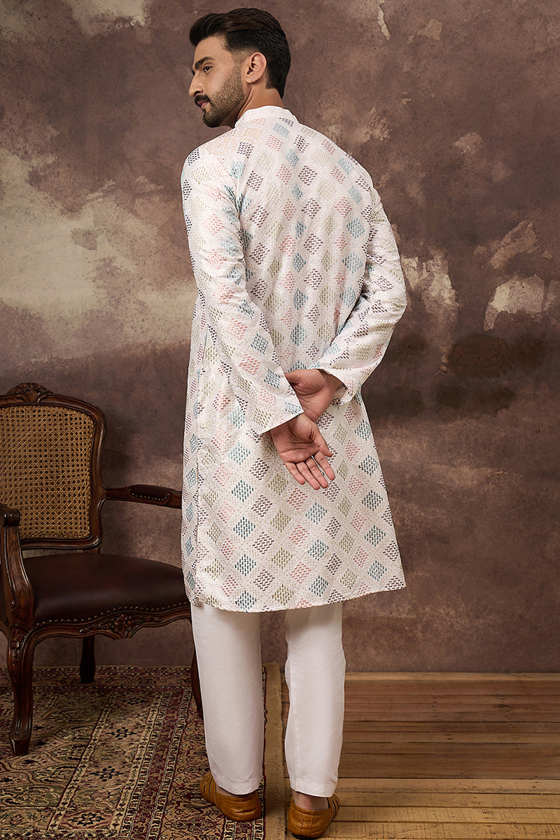 White Silk Blend Solid Embroidered Straight Kurta With Pant Set MKSET1382