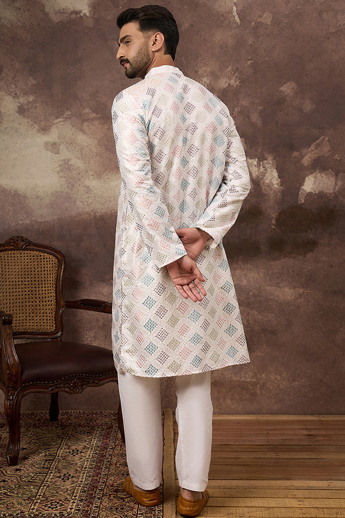 White Silk Blend Solid Embroidered Straight Kurta With Pant Set MKSET1382
