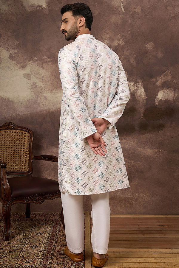 White Silk Blend Solid Embroidered Straight Kurta With Pant Set MKSET1382