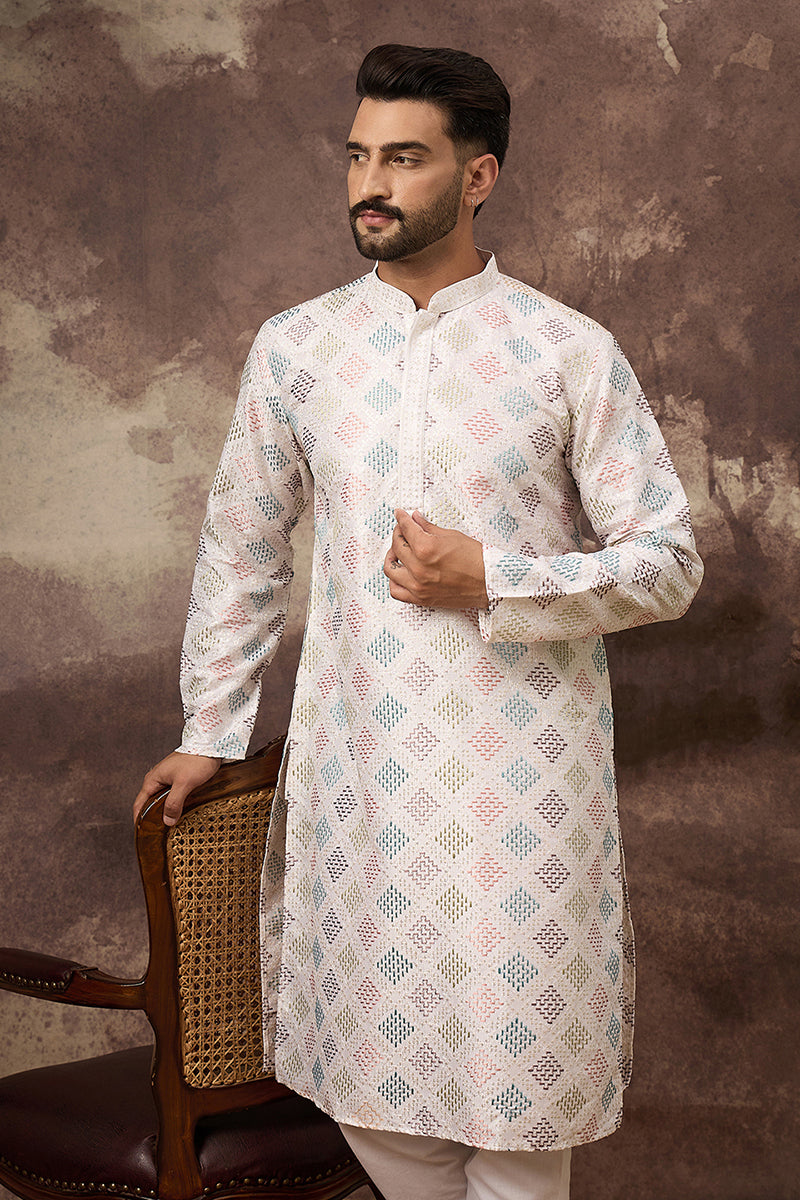White Silk Blend Solid Embroidered Straight Kurta With Pant Set MKSET1382