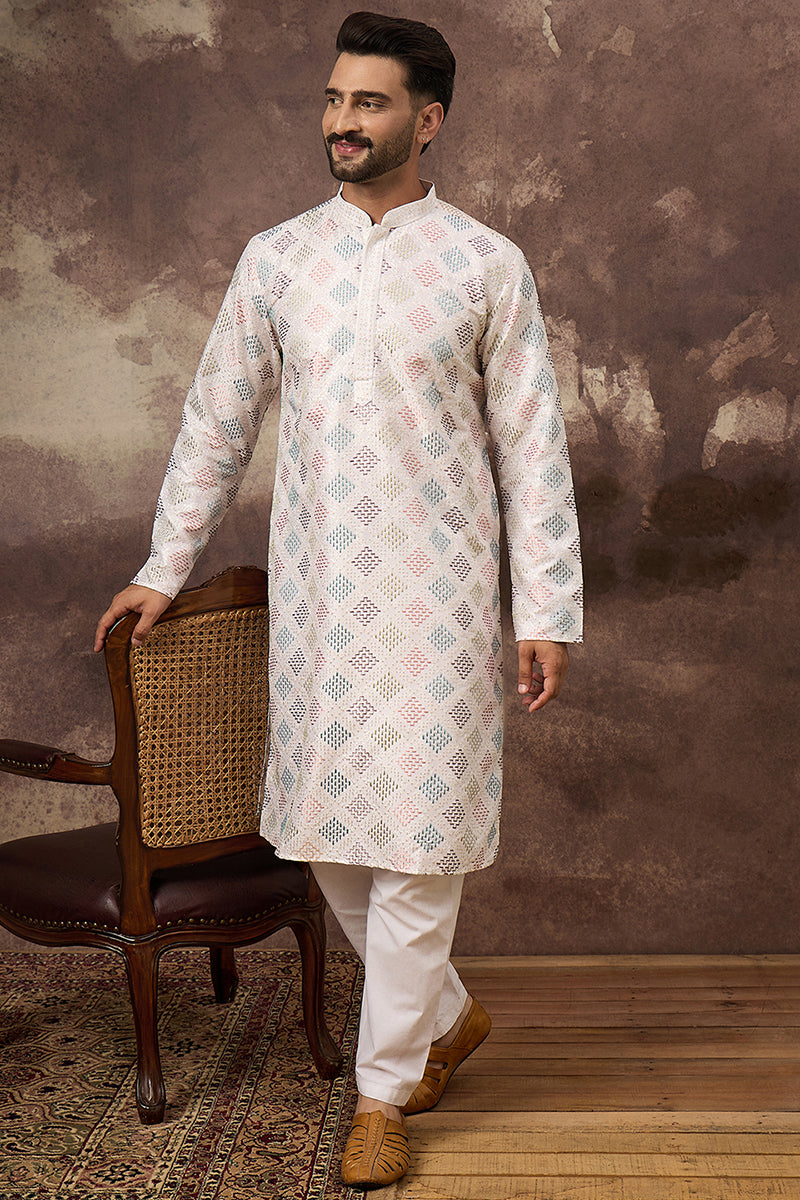 White Silk Blend Solid Embroidered Straight Kurta With Pant Set MKSET1382
