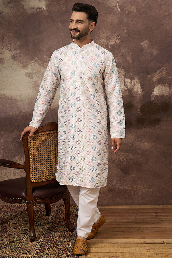 White Silk Blend Solid Embroidered Straight Kurta With Pant Set MKSET1382