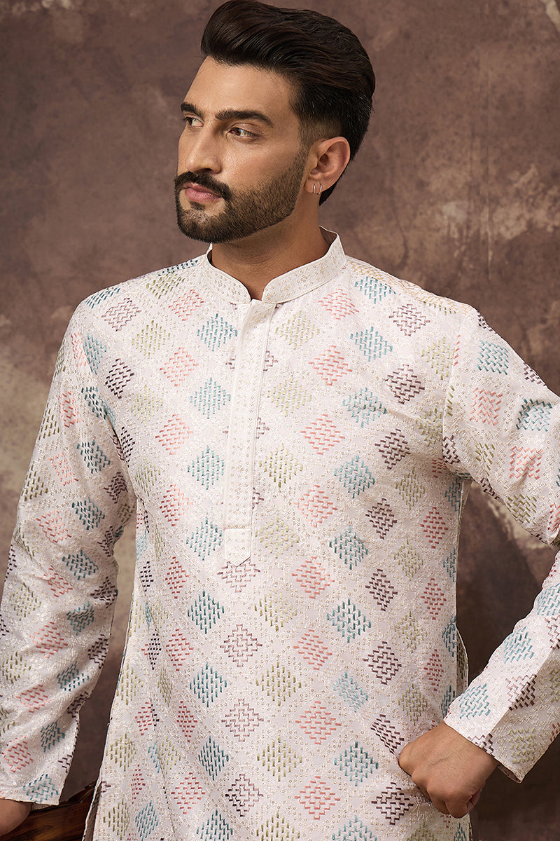 White Silk Blend Solid Embroidered Straight Kurta With Pant Set MKSET1382