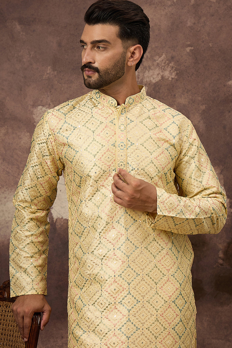 Yellow Silk Solid Embroidered Straight Kurta MKU1383