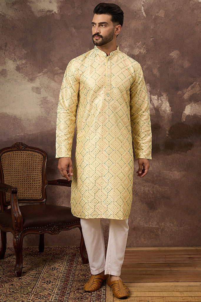 Yellow Silk Blend Solid Embroidered Straight Kurta With Pant Set MKSET1383