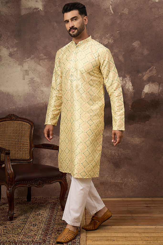 Yellow Silk Blend Solid Embroidered Straight Kurta With Pant Set MKSET1383