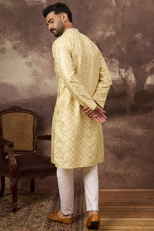 Yellow Silk Blend Solid Embroidered Straight Kurta With Pant Set MKSET1383