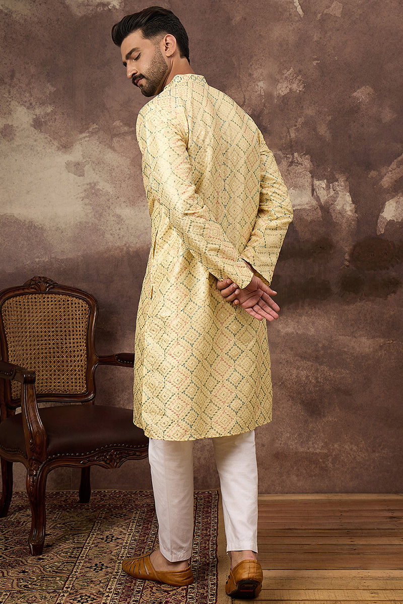 Yellow Silk Solid Embroidered Straight Kurta MKU1383