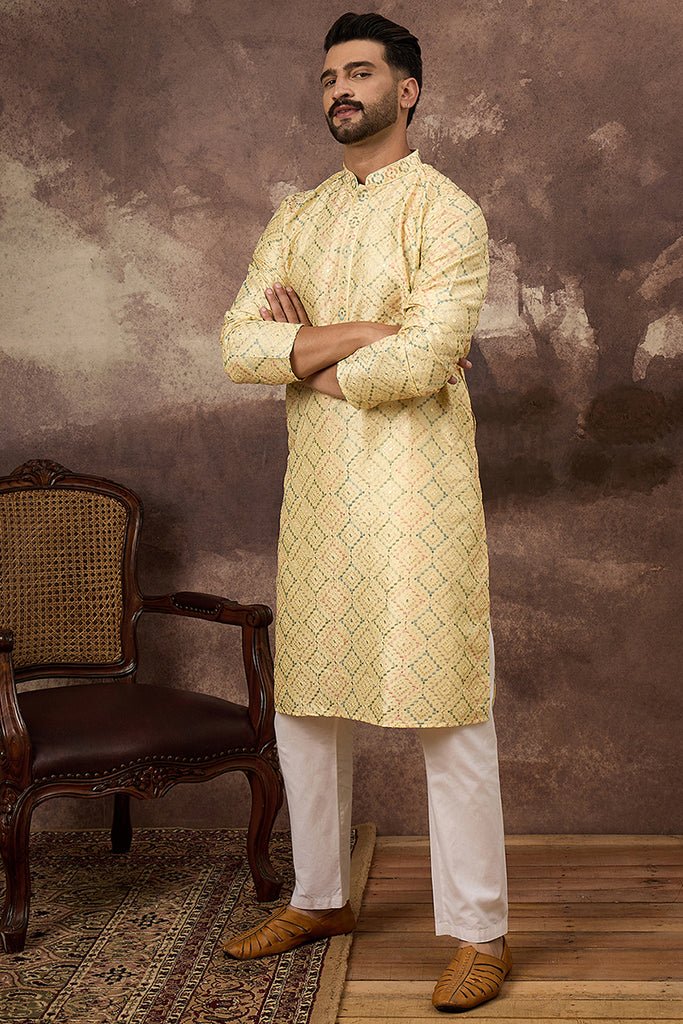 Yellow Silk Blend Solid Embroidered Straight Kurta With Pant Set MKSET1383