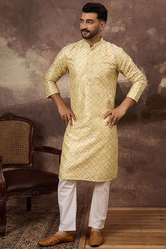 Yellow Silk Blend Solid Embroidered Straight Kurta With Pant Set MKSET1383