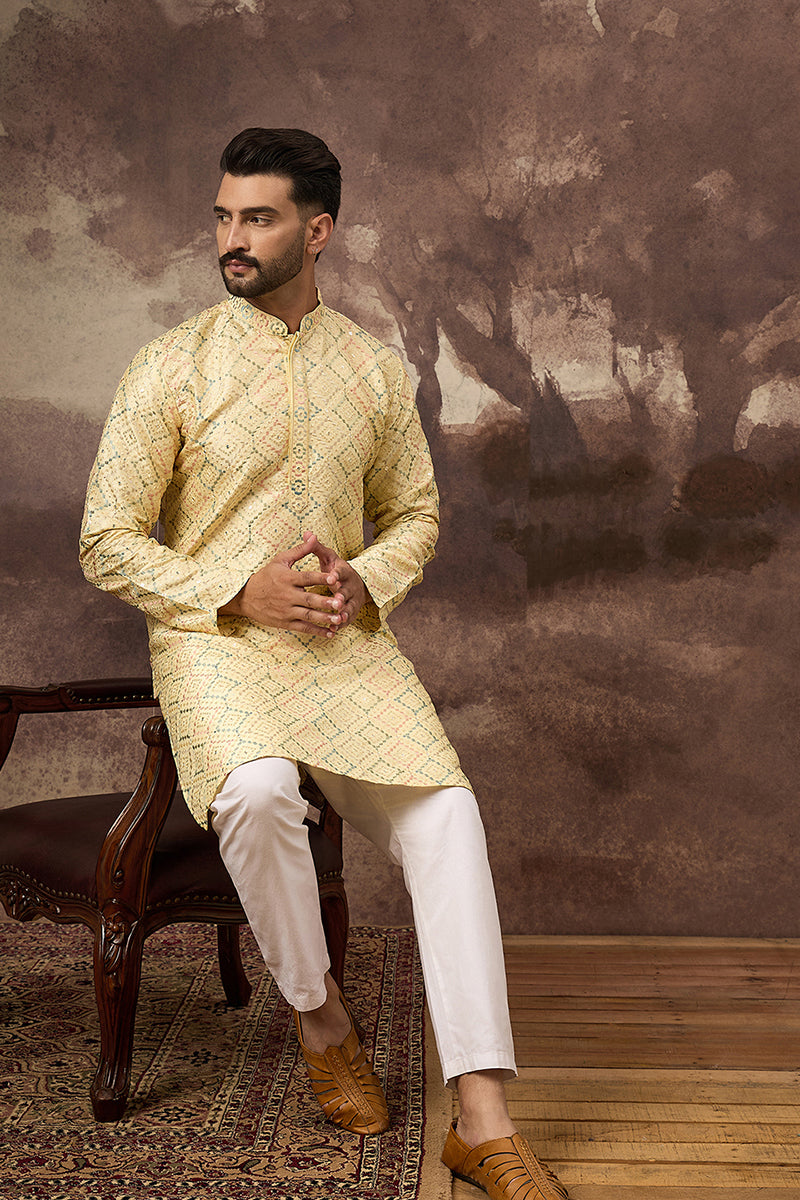Yellow Silk Blend Solid Embroidered Straight Kurta With Pant Set MKSET1383