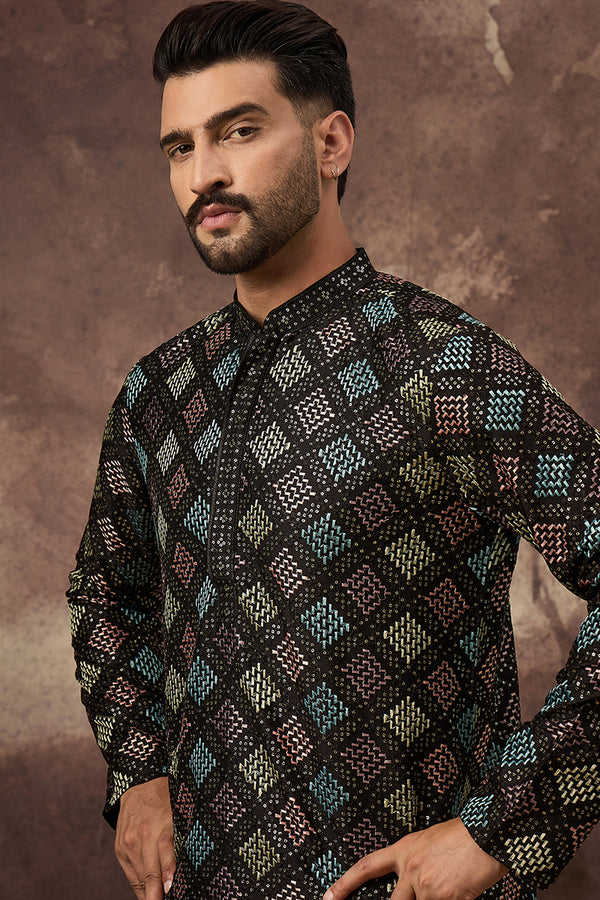 Black Silk Blend Solid Embroidered Straight Kurta With Pant Set MKSET1384