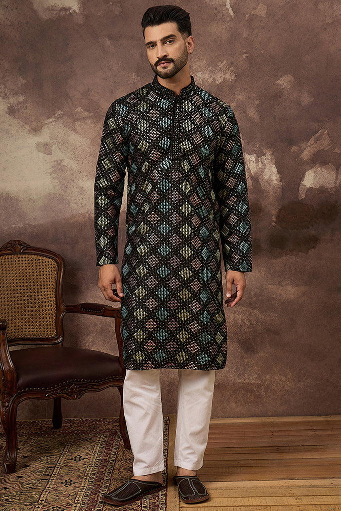 Black Silk Blend Solid Embroidered Straight Kurta With Pant Set MKSET1384