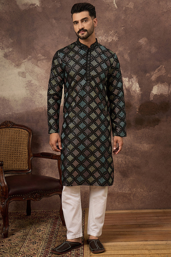 Black Silk Blend Solid Embroidered Straight Kurta With Pant Set MKSET1384