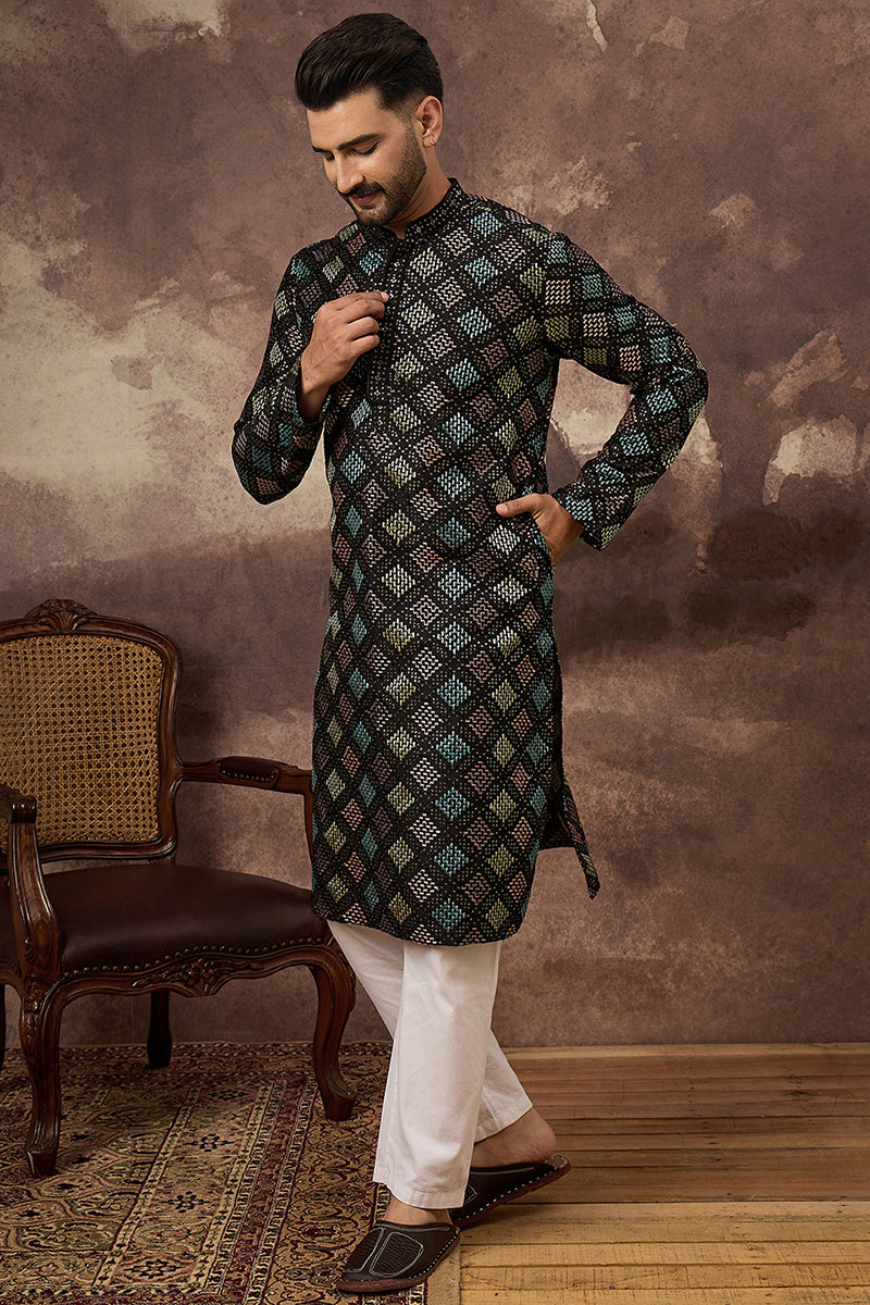 Black Silk Blend Solid Embroidered Straight Kurta With Pant Set MKSET1384