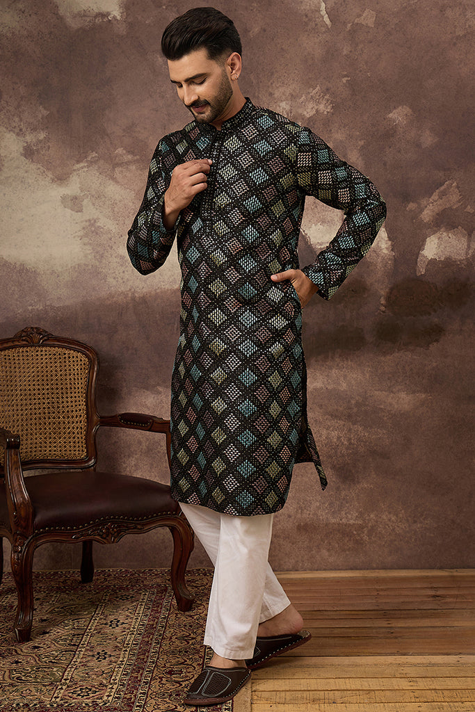Black Silk Blend Solid Embroidered Straight Kurta With Pant Set MKSET1384