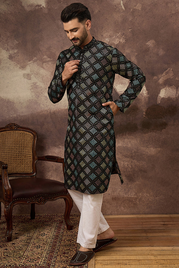 Black Silk Blend Solid Embroidered Straight Kurta With Pant Set MKSET1384