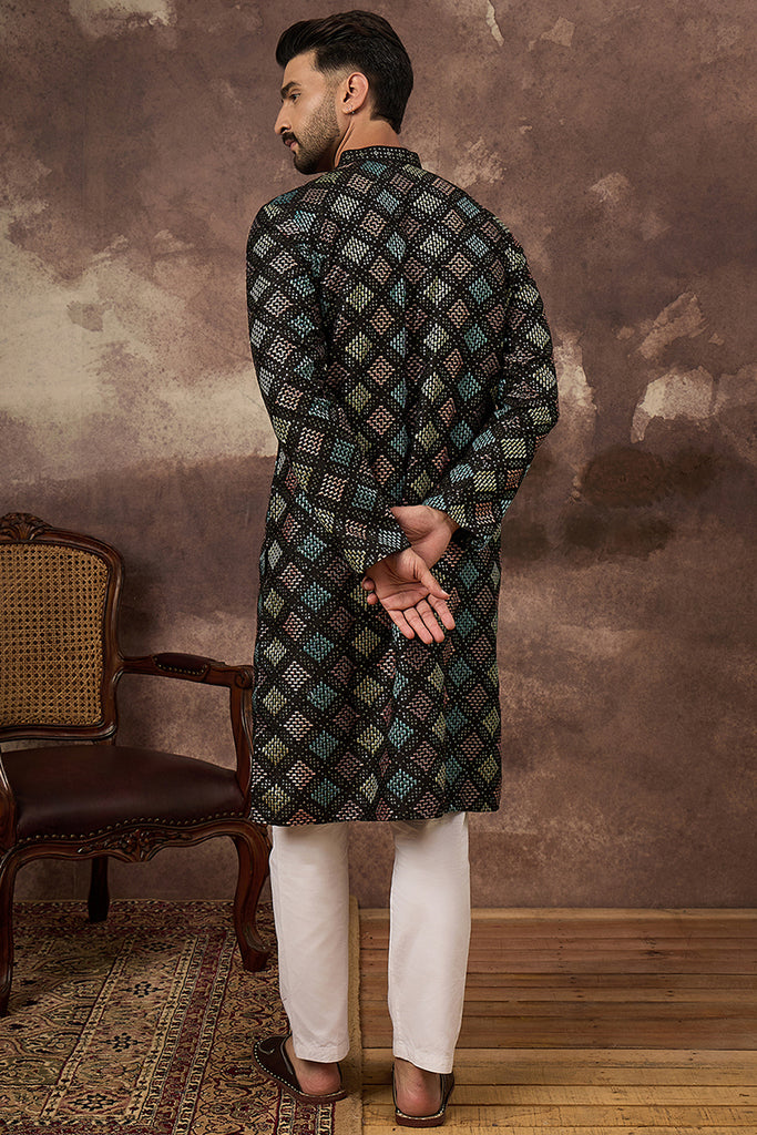 Black Silk Blend Solid Embroidered Straight Kurta With Pant Set MKSET1384