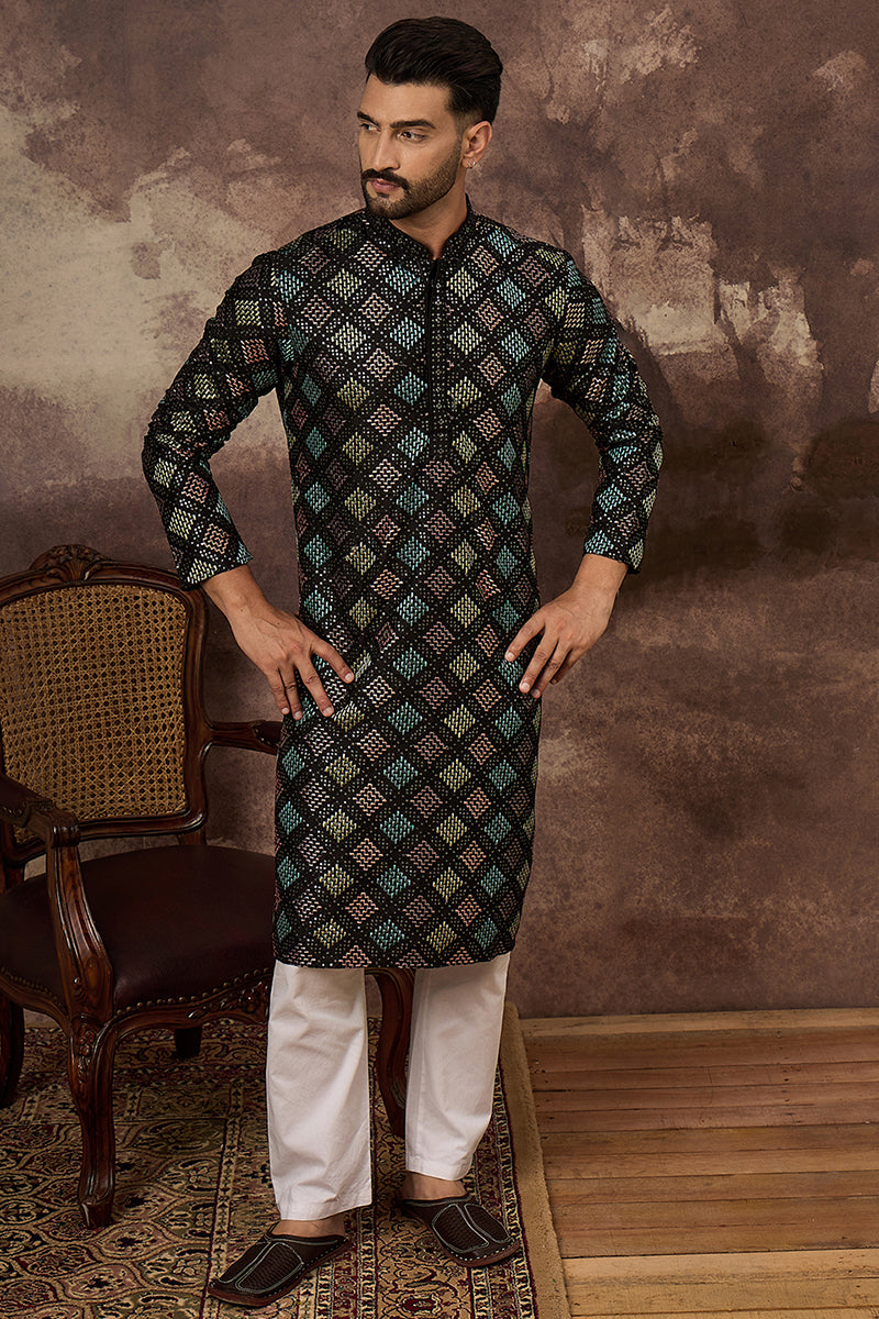 Black Silk Blend Solid Embroidered Straight Kurta With Pant Set MKSET1384