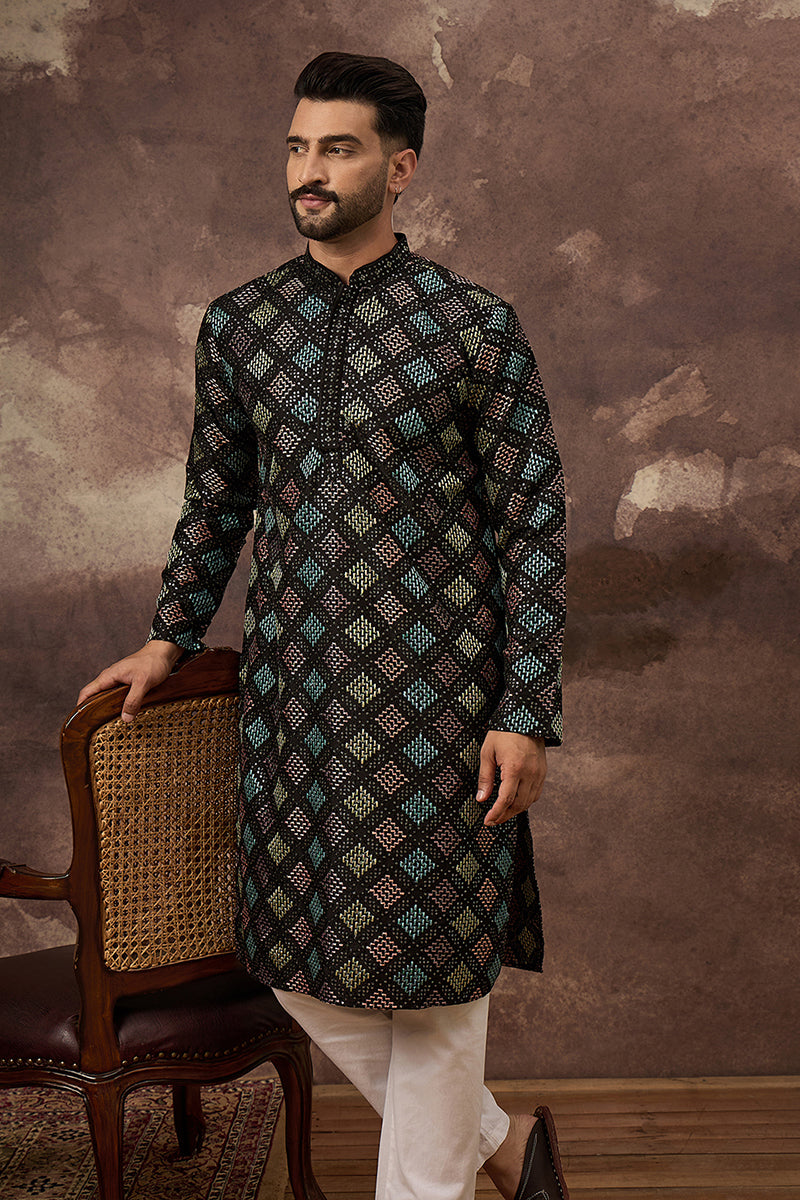 Black Silk Blend Solid Embroidered Straight Kurta With Pant Set MKSET1384