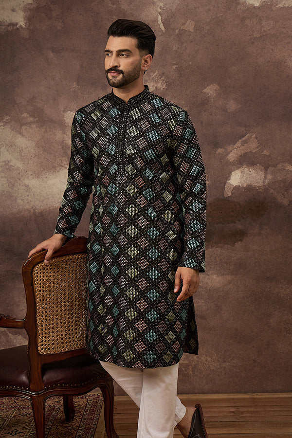 Black Silk Blend Solid Embroidered Straight Kurta With Pant Set MKSET1384