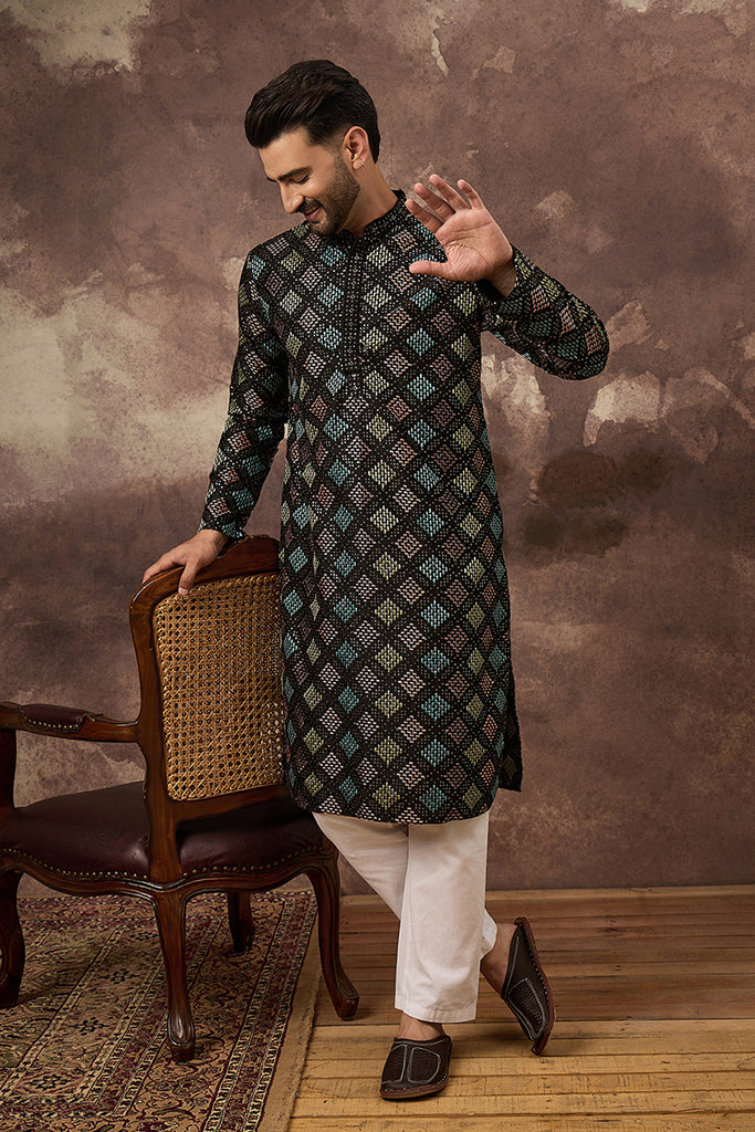 Black Silk Blend Solid Embroidered Straight Kurta With Pant Set MKSET1384