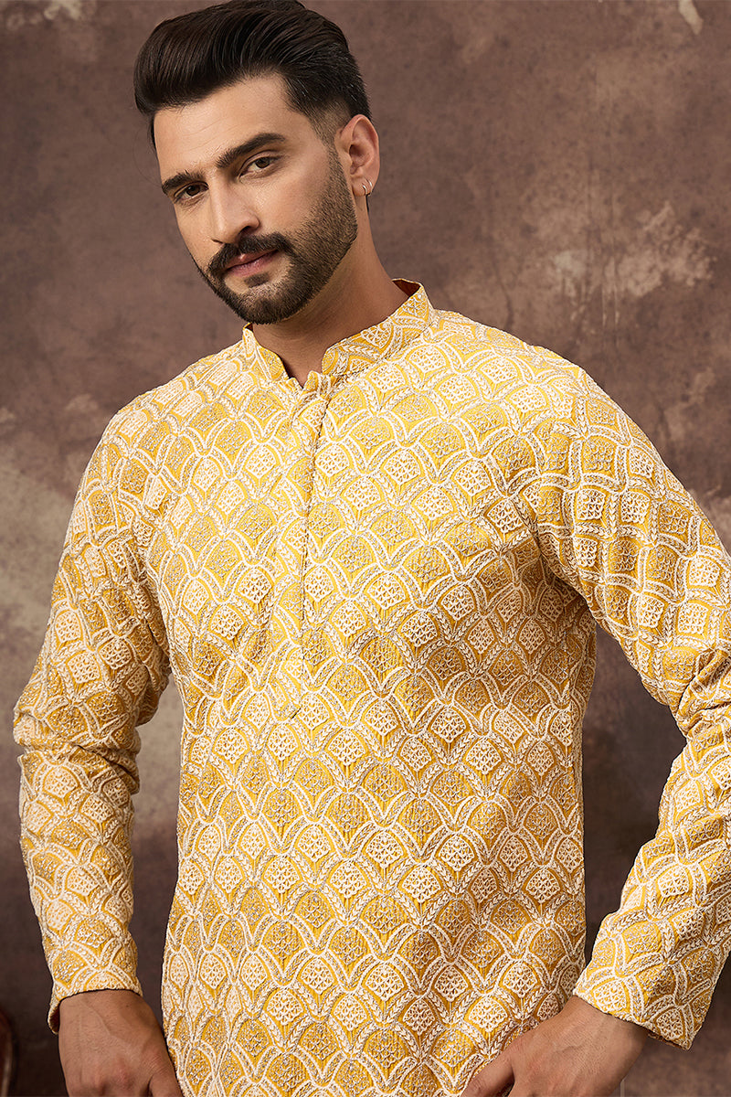 Yellow Viscose Rayon Solid Embroidered Straight Kurta HMKU1385