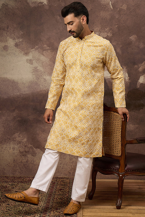 Yellow Viscose Rayon Solid Embroidered Straight Kurta MKU1385