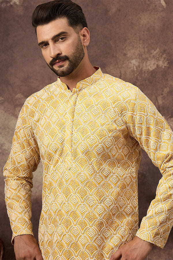 Yellow Viscose Rayon Solid Embroidered Straight Kurta HMKU1385