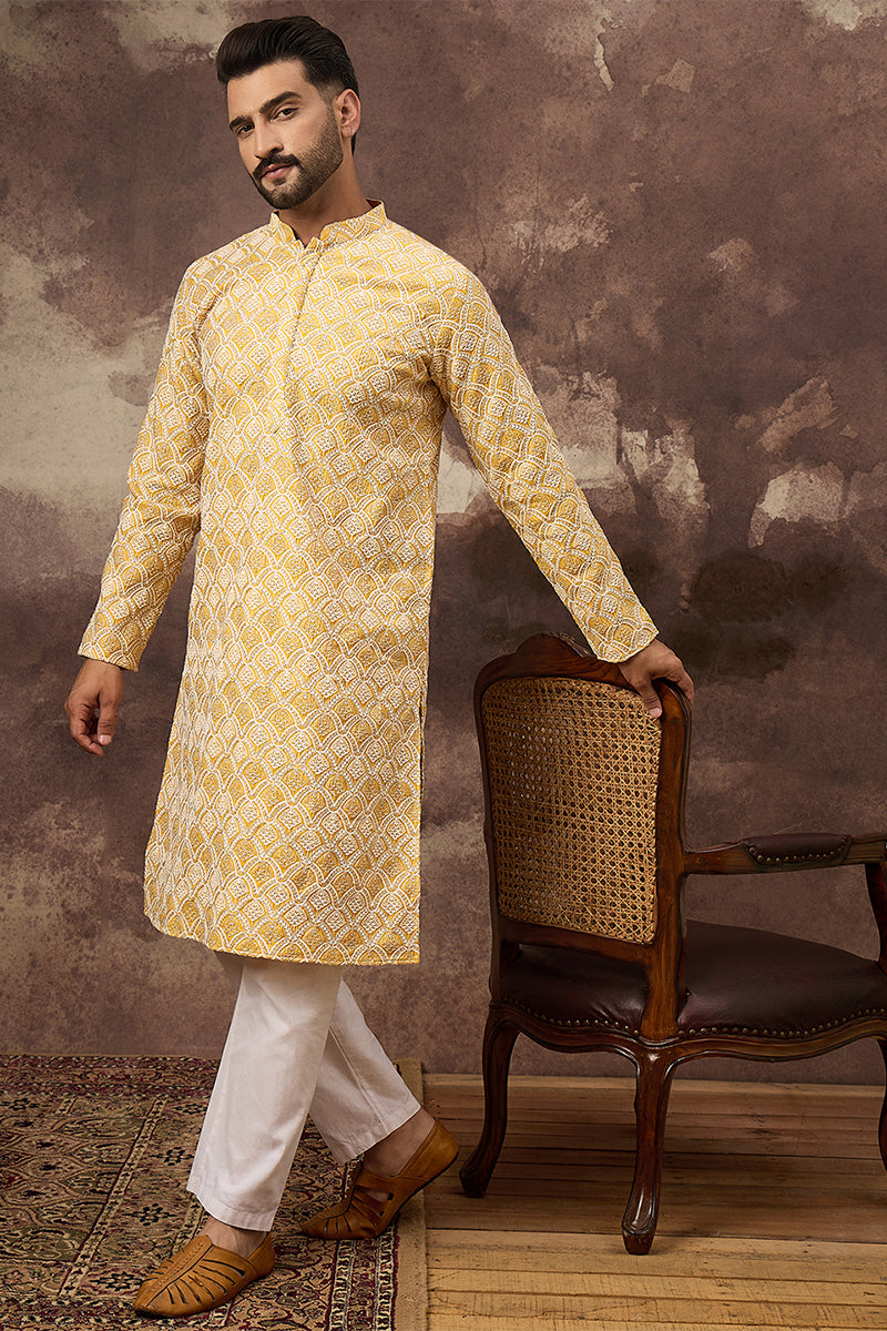 Yellow Viscose Rayon Solid Embroidered Straight Kurta MKU1385