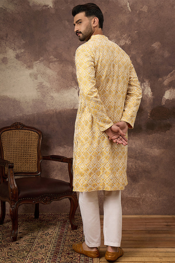 Yellow Viscose Rayon Solid Embroidered Straight Kurta MKU1385