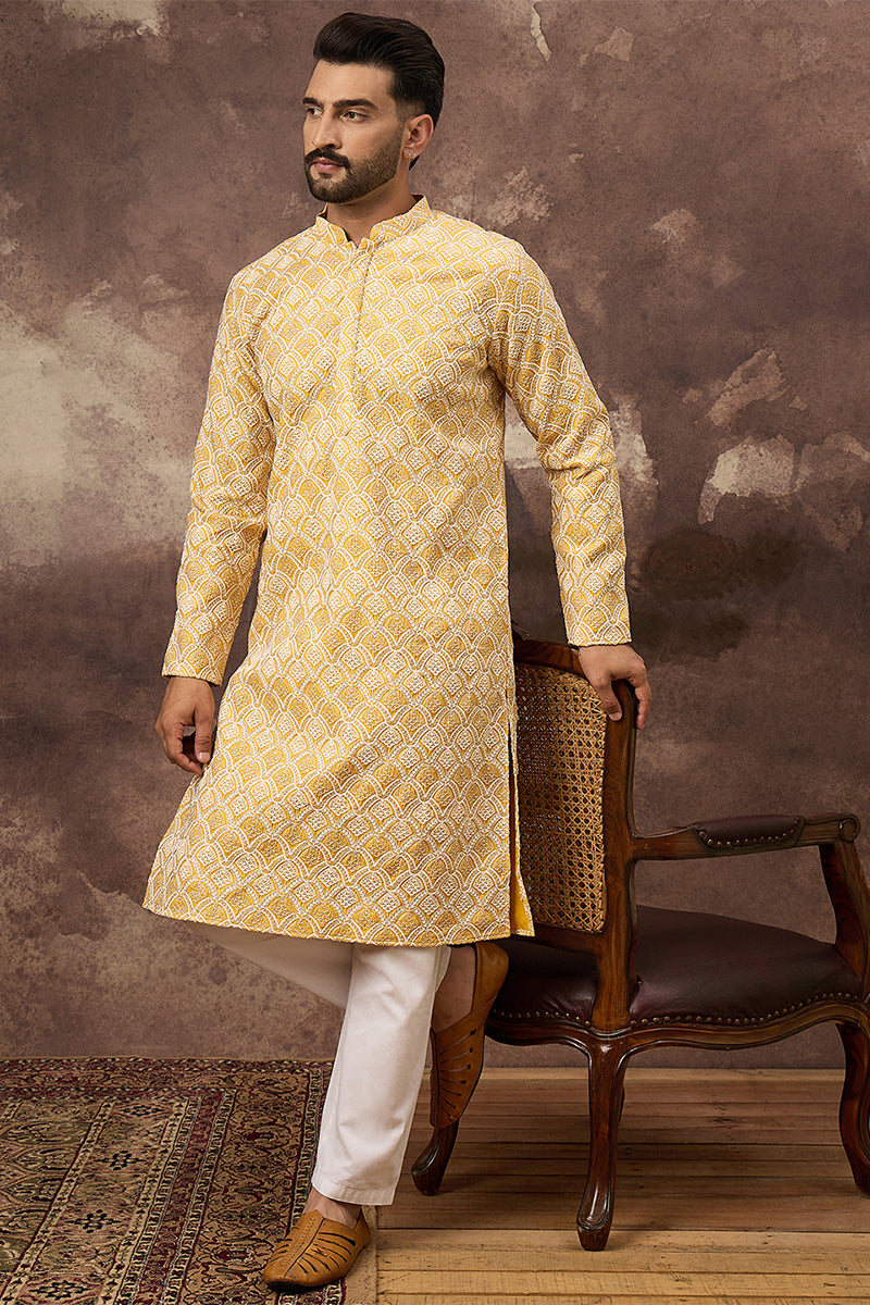 Yellow Viscose Rayon Solid Embroidered Straight Kurta MKU1385