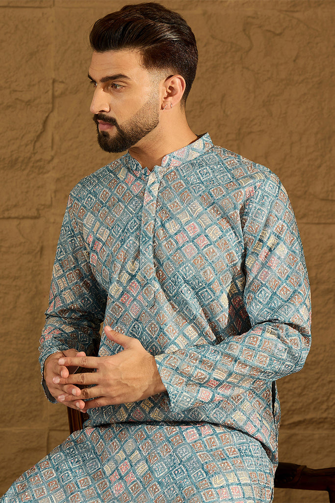 Blue Viscose Rayon Solid Embroidered Straight Kurta With Pant Set MKSET1391