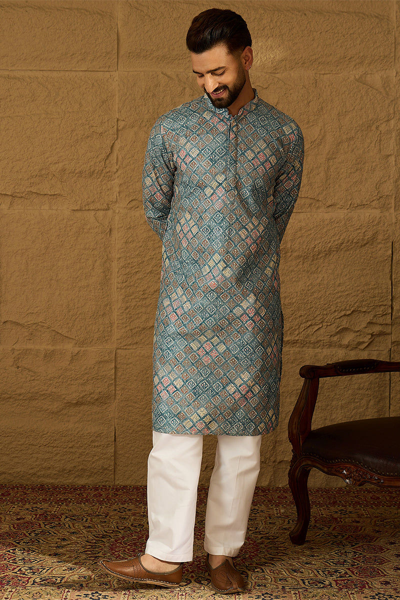 Blue Viscose Rayon Solid Embroidered Straight Kurta With Pant Set MKSET1391