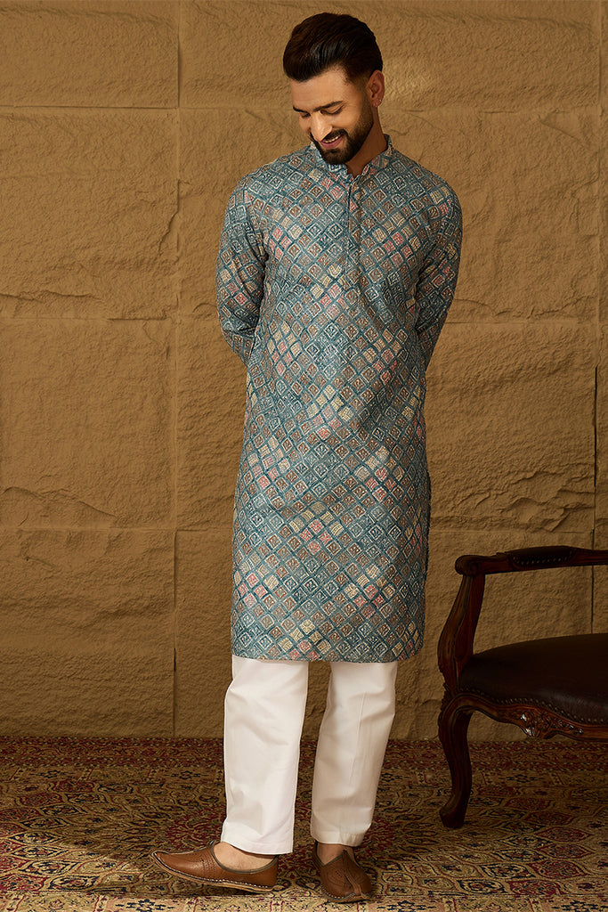 Blue Viscose Rayon Solid Embroidered Straight Kurta With Pant Set MKSET1391